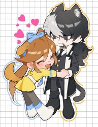 Rule 34 | 1boy, 1girl, ^ ^, ace attorney, animal ears, athena cykes, black eyes, black footwear, black hair, black jacket, black necktie, black pants, blue hairband, blush, chibi, closed eyes, collared shirt, crescent, crescent earrings, dog boy, dog ears, dog girl, earrings, feather in mouth, hairband, haori, heart, highres, holding hands, jacket, japanese clothes, jewelry, long sleeves, miniskirt, mouth hold, multicolored hair, necktie, open mouth, orange hair, pants, pantyhose, phoenix wright: ace attorney - dual destinies, ponytail, salted whale, shirt, shoes, simon blackquill, skirt, smile, two-tone hair, white background, white footwear, white hair, white shirt, yellow jacket, yellow skirt