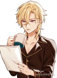 Rule 34 | 1boy, :p, aventurine (honkai: star rail), blonde hair, brown pajamas, brown shirt, commentary, cup, glass, highres, holding, holding cup, holding paper, honkai: star rail, honkai (series), long sleeves, male focus, neck tattoo, pajamas, paper, pink eyes, pochimaru (marumaru wanwan), shirt, solo, tattoo, tongue, tongue out