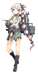 Rule 34 | 10s, 1girl, black footwear, boots, breasts, damaged, full body, green eyes, hair ornament, kantai collection, konishi (koconatu), long hair, machinery, official art, pink hair, pleated skirt, ponytail, school uniform, serafuku, short sleeves, skirt, small breasts, solo, torn clothes, torn skirt, transparent background, turret, yura (kancolle)
