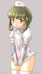 Rule 34 | 1girl, bob cut, braid, brown eyes, cosplay, covering crotch, covering privates, dress, elbow gloves, gloves, green hair, grey background, hat, kantai collection, multicolored clothes, multicolored dress, nurse, nurse cap, puffy short sleeves, puffy sleeves, ray.s, short hair, short hair with long locks, short sleeves, side braid, sidelocks, simple background, solo, takanami (kancolle), thighhighs, ukuru (kancolle), ukuru (kancolle) (cosplay), white dress, white gloves, white hat, white thighhighs