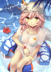 Rule 34 | 10s, 1girl, animal ears, bell, bikini, blue bikini, blush, breasts, cleavage, collar, collarbone, day, ears through headwear, fate/extra, fate/grand order, fate (series), flower, fox ears, fox tail, hair ribbon, hat, highres, innertube, large breasts, long hair, looking at viewer, navel, neck bell, ocean, outdoors, pink hair, ribbon, shirt, solo, swim ring, swimsuit, tail, tamamo (fate), tamamo no mae (fate/extra), tamamo no mae (swimsuit lancer) (fate), tamamo no mae (swimsuit lancer) (second ascension) (fate), tsukimizu (ordeal), water, wet, wet clothes, wet shirt, yellow eyes