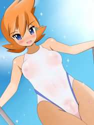 Rule 34 | 1girl, breasts, cleft of venus, creatures (company), female focus, game freak, gym leader, harubato, highres, misty (pokemon), nintendo, one-piece swimsuit, partially visible vulva, pokemon, see-through, smile, solo, sparkle, swimsuit, uncensored