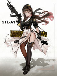 Rule 34 | 1girl, asymmetrical legwear, beret, black footwear, black gloves, black jacket, black legwear, breasts, brown eyes, brown hair, brown legwear, character name, closed mouth, girls&#039; frontline, gloves, gun, hat, highres, holding, holding weapon, jacket, long hair, looking at viewer, medium breasts, military hat, military jacket, mole, mole under eye, original, partially fingerless gloves, piukute062, rifle, shirt, shoes, smile, solo, stl-a1, thighs, uneven legwear, weapon, weapon case, white background, white shirt