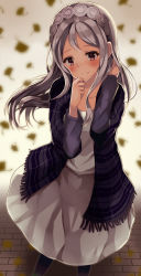 Rule 34 | 1girl, alternate costume, autumn, black pantyhose, blue jacket, blush, casual, closed mouth, commentary request, falling leaves, fringe trim, grey background, grey skirt, hairband, hand in own hair, hands up, highres, jacket, kantai collection, leaf, long hair, long sleeves, looking at viewer, medium skirt, natsu narumi, open clothes, open jacket, outdoors, pantyhose, plaid, plaid jacket, sagiri (kancolle), shirt, silver hair, skirt, smile, solo, standing, stone floor, tareme, white shirt