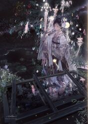 Rule 34 | 1girl, artist name, black hair, closed mouth, commentary, expressionless, fireworks, flower, grass, grey eyes, highres, illumi999, japanese clothes, kimono, lake, long hair, looking ahead, night, night sky, original, outdoors, reflection, reflective water, rock, sky, solo, standing, star (sky), starry sky, symbol-only commentary, traditional clothes, water, wide sleeves
