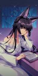 1girl absurdres animal_ear_fluff animal_ears artist_request black_hair blunt_bangs book brown_eyes dress fox_ears fox_girl highres hoshimi_miyabi long_hair long_sleeves looking_at_viewer off_shoulder official_art single_bare_shoulder sitting solo table white_dress wide_sleeves zenless_zone_zero