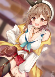 Rule 34 | 1girl, atelier (series), atelier ryza, atelier ryza 2, belt pouch, blurry, blurry background, bow, braid, breasts, brown eyes, brown hair, choker, cleavage, detached sleeves, earrings, hair bow, hat, jewelry, key, large breasts, legband, long sleeves, looking at viewer, omuretsu, open mouth, pouch, red shorts, reisalin stout, short hair, short shorts, shorts, sidelocks, smile, solo, thighhighs