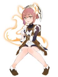 Rule 34 | 1girl, animal ears, ankle boots, blue shirt, boots, brown hair, commentary, cowlick, fire emblem, fire emblem heroes, frilled sleeves, frills, glowing tail, gold trim, graffiti uthn, grey eyes, highres, leather belt, nintendo, ratatoskr (fire emblem), shirt, solo, squirrel ears, squirrel girl, symbol-only commentary, white background