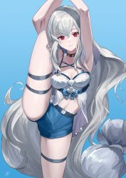 Rule 34 | 1girl, arknights, armpits, arms up, black choker, blue background, blue shorts, breasts, chinese commentary, choker, cleavage, commentary request, cowboy shot, han (ozrfour), highres, leg up, long hair, looking at viewer, low-tied long hair, medium breasts, no headwear, official alternate costume, red eyes, short shorts, shorts, silver hair, skadi (arknights), skadi (waverider) (arknights), solo, split, standing, standing on one leg, stomach, thigh strap, thighs, very long hair