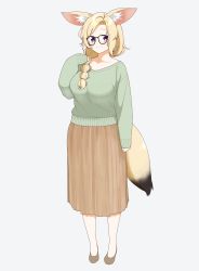 Rule 34 | 1girl, absurdres, animal ears, bespectacled, blonde hair, braid, braided ponytail, casual, full body, glasses, grey background, hair over shoulder, highres, hololive, long skirt, okunin, omaru polka, omaru polka (street casual), ponytail, simple background, single braid, skirt, sleeves past wrists, solo, sweater, tail, virtual youtuber