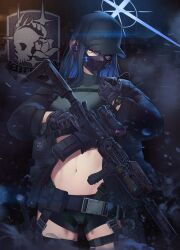 Rule 34 | 1girl, absurdres, baseball cap, beamcon, black gloves, black hair, black hat, black jacket, black mask, black shirt, black shorts, blue archive, blue eyes, blue hair, blue halo, breasts, cowboy shot, gloves, gun, halo, hat, highres, holding, holding gun, holding weapon, jacket, long hair, long sleeves, looking at viewer, mask, medium breasts, mouth mask, navel, open clothes, open jacket, saori (blue archive), shirt, shorts, solo, thigh strap, watch, weapon, wristwatch
