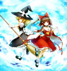 Rule 34 | 2girls, blonde hair, bobby socks, bow, braid, broom, brown hair, cloud, detached sleeves, female focus, gloves, gohei, hair bow, hair tubes, hakurei reimu, hat, highres, japanese clothes, kirisame marisa, looking at viewer, mary janes, miko, multiple girls, outstretched arm, pantyhose, ponytail, red eyes, ria (rilpoppo), shoes, short hair, sky, smile, socks, touhou, white gloves, white legwear, wide sleeves, witch, witch hat, yellow eyes