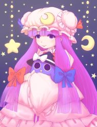 Rule 34 | 1girl, bird, blue bow, blue ribbon, bow, crescent, crescent hair ornament, crescent moon, dora ita, frilled sleeves, frills, hair ornament, hat, long hair, mob cap, moon, pajamas, patchouli knowledge, penguin, purple eyes, purple hair, red bow, red ribbon, ribbon, smile, solo, star (symbol), touhou, very long hair, witch hat