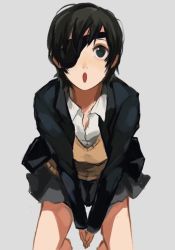 Rule 34 | 1girl, alternate costume, bare legs, between legs, black hair, black jacket, black skirt, blazer, blue eyes, brown vest, chainsaw man, collared shirt, commentary, eyepatch, from above, grey background, hand between legs, himeno (chainsaw man), invisible chair, jacket, kamukamu810, long sleeves, looking at viewer, miniskirt, one eye covered, open clothes, open jacket, open mouth, pleated skirt, school uniform, shirt, short hair, simple background, sitting, skirt, solo, vest, white shirt