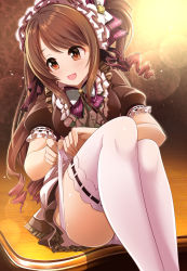 Rule 34 | 1girl, adjusting clothes, adjusting legwear, blush, bow, bowtie, breasts, brown dress, brown eyes, brown hair, dress, frills, garter straps, hair bow, headdress, highres, hip focus, idolmaster, idolmaster cinderella girls, idolmaster cinderella girls starlight stage, knees up, lens flare, long hair, medium breasts, mk (mod0), one side up, open mouth, puffy short sleeves, puffy sleeves, purple bow, shimamura uzuki, short sleeves, sitting, smile, solo, sparkle, strap pull, swept bangs, thighhighs, thighs, wavy hair, white thighhighs