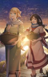 Rule 34 | absurdly long hair, ainu clothes, animal ears, aqua eyes, aquaplus, basket, black hair, blonde hair, blue sky, blush, boots, breasts, brown eyes, carrying, cloud, cloudy sky, dawn, dress, eruruu, food, full body, gradient eyes, grass, height difference, highres, layered sleeves, light particles, light rays, long hair, long sleeves, looking at another, low-tied long hair, medium breasts, medium hair, multicolored eyes, nose, official art, open mouth, outdoors, parted bangs, path, plant, raised eyebrows, river, road, ryu ku46, sidelocks, sky, sleeves rolled up, small breasts, sopoku, standing, standing on one leg, sunlight, swept bangs, tail, teeth, tongue, utawarerumono, utawarerumono: lost flag, very long hair, water, wide sleeves
