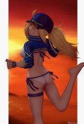 Rule 34 | 1girl, ahoge, artist name, artoria pendragon (fate), ass, bare back, barefoot, bikini, blonde hair, blue hat, blue shirt, border, breasts, closed eyes, collared shirt, crop top, fate/grand order, fate (series), from behind, getterark, hair between eyes, hat, highres, leg up, legs, long hair, long sleeves, looking at viewer, looking back, medium breasts, mysterious heroine x (fate), mysterious heroine xx (fate), open mouth, outside border, outstretched arms, ponytail, red sky, running, shirt, sidelocks, sky, smile, solo, sunset, swimsuit, teeth, thigh strap, thighs, white bikini, wrist cuffs