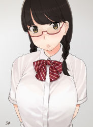 Rule 34 | 1girl, 506 (studio 506), arms behind back, black hair, bow, braid, breasts, brown eyes, dress shirt, glasses, hair over shoulder, large breasts, lips, long hair, original, red-framed eyewear, shirt, signature, simple background, solo, twin braids, twintails, upper body
