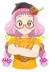 Rule 34 | 1girl, beanie, black hat, blush, bow, braid, clothes writing, cropped torso, crossed arms, hair bow, hat, kiki ajimi, long hair, looking at viewer, low twin braids, moudoku (decopon3rd), open mouth, orange shirt, paintbrush, palette hair ornament, pink-framed eyewear, pink bow, pink hair, polka dot, polka dot bow, pretty series, pripara, semi-rimless eyewear, shirt, short sleeves, sidelocks, simple background, solo, straight-on, t-shirt, twin braids, upper body, white background, yellow bow