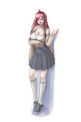 Rule 34 | 1girl, absurdres, alternate costume, arm tattoo, arm up, breasts, brown cardigan, card, cardigan, casual, cleavage, collarbone, crop top, crush kim, earrings, fang, fang out, full body, girls&#039; frontline, grey footwear, grey skirt, hair between eyes, hair ornament, hairband, hairclip, heart, heart earrings, highres, holding, holding card, jewelry, large breasts, lips, long hair, looking at viewer, mole, mole under eye, neck tattoo, open mouth, pink eyes, pink hair, shoes, sig mcx (girls&#039; frontline), skirt, smile, sneakers, socks, solo, standing, tank top, tattoo, white background, white socks, white tank top