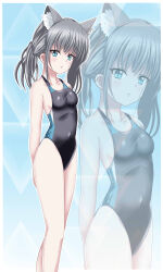 1girl animal_ear_fluff animal_ears arms_behind_back black_one-piece_swimsuit blue_archive blue_background blue_eyes breasts competition_swimsuit covered_navel cowboy_shot cross_hair_ornament extra_ears feet_out_of_frame grey_hair hair_ornament halo highres low_ponytail medium_breasts medium_hair mismatched_pupils multicolored_clothes multicolored_swimsuit official_alternate_costume one-piece_swimsuit shiguko shiroko_(blue_archive) shiroko_(swimsuit)_(blue_archive) solo swimsuit wolf_ears zoom_layer