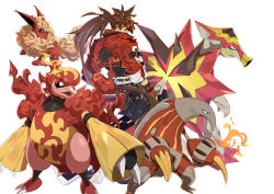 Rule 34 | 1boy, absurdres, brown hair, claws, creatures (company), cropped jacket, crossover, fire, flareon, game freak, gen 1 pokemon, gen 4 pokemon, gen 5 pokemon, gen 7 pokemon, gloves, guilty gear, guilty gear strive, headband, heatmor, highres, jacket, long hair, magmortar, makai, male focus, nintendo, open mouth, pokemon, pokemon (creature), ponytail, red headband, red jacket, simple background, sol badguy, spiked hair, trait connection, turtonator, white background