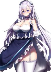 Rule 34 | 1girl, apron, azur lane, belfast (azur lane), blue dress, blue eyes, braid, breasts, chain, cleavage, collar, collarbone, commentary request, dress, elbow gloves, french braid, frills, gloves, highres, large breasts, long hair, looking at viewer, maid headdress, silver hair, simple background, smile, solo, swept bangs, waist apron, white background, white legwear