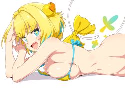 Rule 34 | + +, 1girl, :d, back-tie bikini, bikini, blonde hair, blue eyes, bombergirl, bottomless, breasts, fang, large breasts, looking at viewer, lying, navel, on stomach, open mouth, pine (bombergirl), short hair, simple background, skin fang, smile, solo, swimsuit, tottotonero, white background, yellow bikini