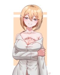 1girl absurdres artist_name blonde_hair blue_eyes blush body_writing braid breasts closed_mouth commentary darjeeling_(girls_und_panzer) dress_shirt english_text girls_und_panzer half-closed_eyes hand_on_own_arm highres long_sleeves looking_at_viewer medium_breasts mizzterbii off_shoulder shirt short_hair signature smile solo standing twin_braids undressing white_shirt