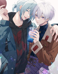 Rule 34 | 2boys, :p, absurdres, aiue o eiua, arm around shoulder, black hoodie, blue coat, blue eyes, blue hair, brown jacket, coat, commentary request, cup, drinking straw, fur trim, gradient background, hand up, highres, holding, holding cup, hood, hoodie, idolish7, jacket, light blue hair, looking at viewer, male focus, multiple boys, osaka sougo, pants, parted lips, purple eyes, purple hair, purple pants, short hair, short ponytail, simple background, smile, teeth, tongue, tongue out, yotsuba tamaki