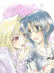 Rule 34 | 2girls, arcueid brunestud, blonde hair, blue bow, blue eyes, blue hair, bow, box, box of chocolates, chocolate, ciel (tsukihime), commentary request, face-to-face, glasses, holding, holding box, kakerukoh, licking, licking finger, long sleeves, looking at another, medium hair, multiple girls, open mouth, red eyes, red ribbon, ribbon, short hair, sketch, slit pupils, smile, tsukihime, yuri