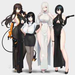 Rule 34 | 4girls, arm under breasts, backless dress, backless outfit, bare shoulders, black dress, black footwear, black gloves, black hair, black legwear, black skirt, blue eyes, blush, breasts, brown hair, button gap, china dress, chinese clothes, cleavage, cleavage cutout, clipboard, clothing cutout, collared shirt, commentary request, contrapposto, covered navel, dress, dress shirt, earrings, elbow gloves, folded fan, folding fan, full body, gloves, grey background, grey legwear, gun, hair between eyes, hair ornament, hair over one eye, hand fan, hand on own chest, hand on own hip, hayabusa (vert 320), high heels, highres, holding, holding fan, holding pen, holster, huge breasts, id card, jewelry, lanyard, large breasts, long hair, long sleeves, looking at viewer, miniskirt, mole, mole on breast, mole under eye, mole under mouth, multiple girls, office lady, orange gloves, original, pantyhose, parted lips, pelvic curtain, pen, pencil skirt, purple eyes, shirt, shoes, short hair with long locks, sideboob, sidelocks, silver hair, single earring, skirt, sleeveless, sleeveless dress, sleeves pushed up, smile, standing, tail, thick thighs, thigh strap, thighs, two-tone gloves, underboob, underboob cutout, very long hair, weapon, white background, white dress, white footwear, white gloves, white shirt, wide hips, yellow eyes