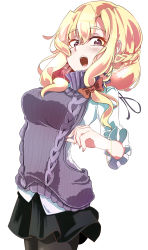 Rule 34 | 1girl, absurdres, alternate hair length, alternate hairstyle, arched back, arm at side, black pantyhose, black skirt, blonde hair, bracelet, braid, breasts, cowboy shot, fingernails, french braid, frilled sleeves, frills, from side, gokuu (acoloredpencil), hair between eyes, hair ribbon, half-closed eyes, hand up, highres, jewelry, lipstick, long sleeves, looking at viewer, looking to the side, makeup, medium breasts, meme attire, miniskirt, nail polish, open mouth, pantyhose, pink nails, purple eyes, ribbon, shiny skin, shirt, short hair, sidelocks, simple background, skirt, solo, sweater, teeth, touhou, tress ribbon, turtleneck, turtleneck sweater, virgin killer sweater, white background, white shirt, yakumo yukari