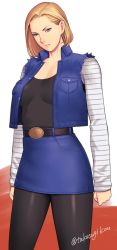 Rule 34 | 1girl, android 18, artist name, blonde hair, blue eyes, blue skirt, blue vest, clenched hands, dragon ball, dragonball z, long hair, looking at viewer, pantyhose, serious, short hair, skirt, solo, standing, striped, striped sleeves, takasugi kou, twitter username, vest