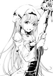 Rule 34 | 10s, 1girl, blush, commentary request, dress, fukushima masayasu, goblin slayer!, greyscale, hat, long hair, looking at viewer, monochrome, open mouth, priestess (goblin slayer!), smile, solo, staff, white background