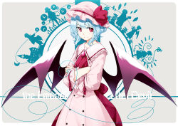 Rule 34 | 1girl, adapted costume, ascot, bat wings, blue hair, bow, brooch, collared dress, copyright name, crossed arms, dress, embodiment of scarlet devil, flandre scarlet, frilled sleeves, frills, hair between eyes, hat, hat bow, hat ribbon, hong meiling, izayoi sakuya, jewelry, koakuma, large wings, light purple hair, light smile, looking at viewer, low wings, mob cap, patchouli knowledge, pink dress, red eyes, remilia scarlet, ribbon, sakuraba yuuki, scarlet devil mansion, short hair, silhouette, solo, touhou, upper body, vampire, wings