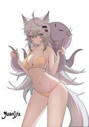 Rule 34 | 1girl, absurdres, ahoge, animal ears, arknights, bare arms, bare shoulders, bikini, blue eyes, chinese commentary, commentary request, cowboy shot, grey hair, hair between eyes, hair ornament, hairclip, hands up, highres, lappland (arknights), long hair, looking at viewer, navel, octopus, revision, simple background, smile, solo, standing, stomach, swimsuit, tail, thighs, very long hair, white background, wolf ears, wolf tail, yellow bikini, yuanjya