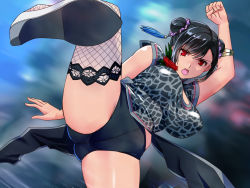 Rule 34 | 1girl, black hair, breasts, china dress, chinese clothes, double bun, dress, female focus, final fantasy, final fantasy vii, final fantasy vii remake, fishnets, hair bun, high kick, kicking, large breasts, long hair, looking at viewer, official alternate costume, open mouth, red eyes, solo, square enix, switch01, tifa lockhart, wall market