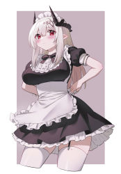 Rule 34 | 1girl, alternate costume, apron, arknights, black dress, black ribbon, blush, border, breasts, closed mouth, cowboy shot, cropped legs, dress, enmaided, frilled apron, frilled dress, frills, garter straps, hair ornament, highres, horns, large breasts, long hair, looking at viewer, maid, maid headdress, mudrock (arknights), neck ribbon, oemmnn, outside border, pointy ears, purple background, red hair, ribbon, short sleeves, sidelocks, simple background, solo, thighhighs, underbust, white apron, white border, white hair, zettai ryouiki