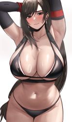 Rule 34 | 1girl, absurdres, alternate breast size, armpits, arms up, bikini, black bikini, black hair, breasts, cleavage, curvy, dangle earrings, earrings, edmun6969, elbow gloves, final fantasy, final fantasy vii, final fantasy vii remake, gloves, highres, jewelry, large breasts, long hair, low-tied long hair, navel, red eyes, red gloves, simple background, square enix, sweat, swept bangs, swimsuit, thighs, tifa lockhart, white background