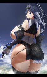 Rule 34 | 1girl, ass, black hair, blue eyes, breasts, chain, chain headband, cloud, curvy, detached sleeves, from behind, giant, giantess, gigantic breasts, gloves, halo, highres, hololive, hololive english, huge ass, huge breasts, looking at viewer, looking back, mechanical halo, ouro kronii, short hair, sideboob, sinensian, skindentation, sky, solo, thick thighs, thighhighs, thighs, virtual youtuber, wide hips
