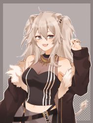 Rule 34 | 1girl, absurdres, animal ears, bare shoulders, black jacket, black nails, breasts, cleavage, commentary request, crop top, ear piercing, fur-trimmed jacket, fur trim, grey eyes, grey hair, hair between eyes, highres, hololive, jacket, jewelry, lion ears, lion girl, lion tail, long hair, medium breasts, nail polish, navel, necklace, open mouth, piercing, see-through, see-through cleavage, shishiro botan, shishiro botan (1st costume), smile, solo, tail, user dnup5744, virtual youtuber