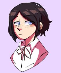 1girl black_hair blue_eyes bow closed_mouth danganronpa:_trigger_happy_havoc danganronpa_(series) eyebrows eyelashes female_focus freckles frown ikusaba_mukuro looking_to_the_side neck_ribbon portrait purple_background red_bow red_ribbon ribbon shirt solo solo_focus white_shirt