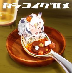 Rule 34 | 10s, 1girl, blush, chaki (teasets), chibi, closed eyes, coat, cup, drinking glass, feathers, food, food on face, full body, gradient hair, head wings, kemono friends, looking at viewer, multicolored hair, northern white-faced owl (kemono friends), open mouth, rice, short hair, solo, spoon, table, text focus, tongue, two-tone hair, white hair, wings, wooden table