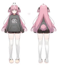 Rule 34 | 1girl, animal print, bear print, black shorts, blush, chibi, chibi on head, closed mouth, commentary request, dolphin shorts, full body, grey sweater, highres, long hair, long sleeves, multiple views, on head, original, panda print, paw print, pink eyes, pink hair, rabbit tail, shin no tenpii, short shorts, shorts, simple background, skindentation, sleeves past fingers, sleeves past wrists, slippers, smile, sweater, tail, thighhighs, two side up, white background, white thighhighs