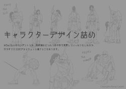 Rule 34 | 1girl, armor, carrying, character sheet, dress, english text, closed eyes, from behind, greyscale, helmet, jewelry, long hair, looking at another, looking down, looking up, monaka (siromona), monochrome, monochrome, necklace, open mouth, piggyback, shield, sitting, standing, sword, the girl (gnr), the girl and the robot, the robot (gnr), translation request, weapon