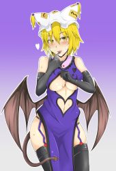 Rule 34 | 1girl, blonde hair, blush, breasts, clothing cutout, corruption, dark persona, demon tail, female focus, fuurai (resuty), garter straps, gloves, gradient background, hat, heart, heart cutout, highres, navel cutout, resuty, simple background, solo, sweat, tail, thighhighs, touhou, underboob, undressing, wings, yakumo ran, yellow eyes