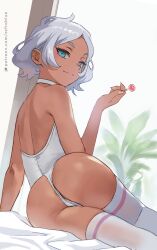 Rule 34 | 1girl, aqua eyes, ass, ass focus, candy, closed mouth, dark-skinned female, dark skin, food, from behind, gundam, gundam suisei no majo, highres, holding, holding candy, holding food, holding lollipop, leotard, lollipop, looking at viewer, looking back, secelia dote, short hair, solo, thighhighs, thighs, white hair, white leotard, zefrableu