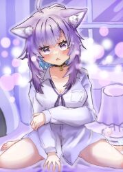 Rule 34 | 1girl, ahoge, animal collar, animal ear fluff, animal ears, black collar, blush, breasts, cat ears, cat girl, chikuwa o mochi, cleavage, collar, commentary request, fang, highres, hololive, large breasts, looking at viewer, medium hair, naked shirt, nekomata okayu, nekomata okayu (oversized shirt), open mouth, purple eyes, purple hair, purple ribbon, ribbon, shirt, skin fang, virtual youtuber, white shirt