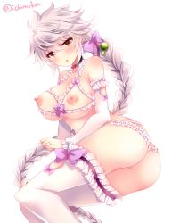 Rule 34 | 10s, 1girl, arm warmers, ass, blush, bow, braid, breasts, brown eyes, choker, frilled underwear, hair bow, heart, heart choker, ichiyou moka, jewelry, kantai collection, large breasts, long hair, looking at viewer, lying, nipples, on side, open mouth, panties, parted lips, ring, simple background, single braid, solo, thighhighs, twisted torso, twitter username, underwear, unryuu (kancolle), very long hair, wedding band, white background, white hair, white panties, white thighhighs